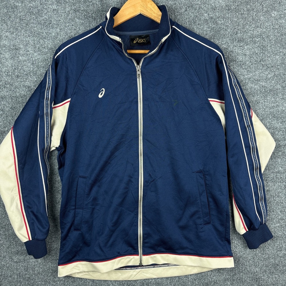 VTG Asics Japan Full Zip Competition Track Jacket Medium Ribbon Sleeve Blue